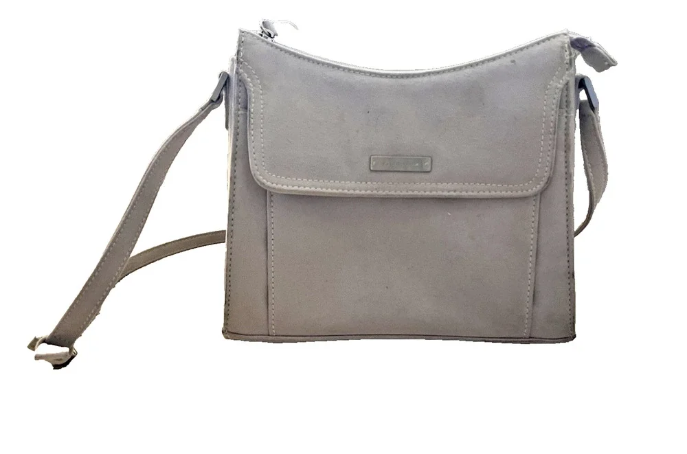 Liz Claiborne Crossbody Purse Taupe Faux Leather Flap Front Shoulder Bag